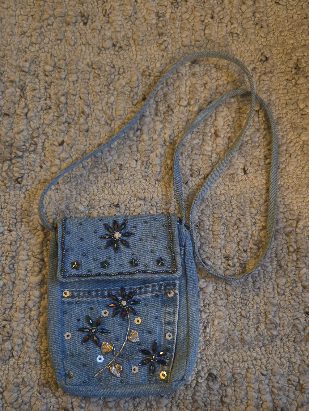 Handmade Embellished Denim Floral Crossbody Bag - Blue